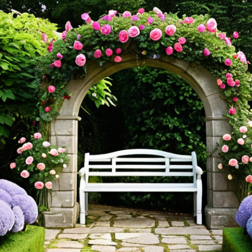 **

A vibrant English-style garden overflowing with colorful flowers like roses, lavender, and hydrangeas. A charming stone bench sits beneath a flowering archway, inviting relaxation. The overall impression is one of timeless beauty and abundance.

**